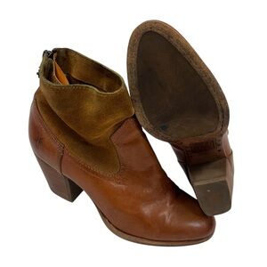 Frye Tessa Zip Short Low Boot Womens 5.5 Brown Cognac Leather Suede Cuban Heel